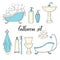 Hand drawn vintage set of objects from the bathroom. Bathtub, toilet, washbasin, shower, soap, shampoo, towel, toothbrush,