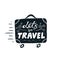 Hand drawn vintage vector suitcase with wheels and lettering Lets go Travel