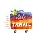 Hand drawn vintage vector suitcase with wheels and lettering sign Lets go Travel in beautiful sunset colors