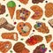 Hand drawn waffle cakes cookies pastry biscuit delicious snack cream dessert crispy bakery food vector seamless pattern