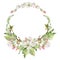 Hand drawn watercolor apple flowers, branches and leaves, white, pink and green blossom. Circle round wreath. Isolated