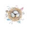 Hand drawn watercolor art bird nest with eggs , easter design.