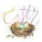 Hand drawn watercolor art bird nest with word-Easter. Isolated illustration on white background.