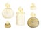 Hand drawn watercolor assorted candles lit with flames. Votives, balls, tea lights, pillars. Isolated object on white