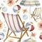 Hand drawn watercolor beach chair and umbrella, hibiscus flowers, bubbles Seamless pattern. Isolated on white background