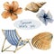 Hand drawn watercolor beach set: chair, flowers and shells. Vacation objects