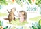 Hand drawn watercolor beaver and hedgehog dancing animals. Boho illustrations, jungle tree, brazil trendy art. Perfect