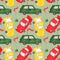 Hand drawn Watercolor Boys Car Collection Green Ren Yellow Seamless Pattern