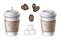 Hand drawn watercolor cardboard paper cute coffee cup, sugar cubes, beans set with a straw, take away to go, isolated on