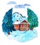 Hand drawn watercolor cartoon illustration of winter landscape with house and fir trees