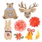 Hand drawn watercolor christmas bear, rabbit, deer, bell, flowers and leaves isolated