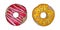 Hand drawn watercolor colored donuts in the glaze on a white background. Seamless pattern, sketch set, frame. Sweet food