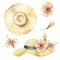 Hand drawn watercolor composition. Straw wide-brim yellow sun hat, exotic hibiscus flower. Isolated on white background