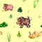 Hand drawn watercolor cows and shepherd dog on a farm in a seamless pattern in cartoony style. Countryside domestic