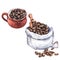 Hand drawn watercolor cup of black coffee with sack of beans isolated on white background. Food illustration.