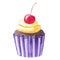 Hand drawn watercolor cupcake with yellow colored cream and cherry on top of it. Funny cartoon