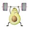 Hand drawn watercolor cute avocado character doing exercise with barbell bodybuilding. Fitness health. Illustration