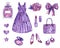 Hand drawn watercolor fashion illustration party or purple  date set