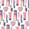 Hand drawn watercolor fashion seamless pattern with cosmetic. lipstick, mascara