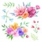 Hand drawn watercolor floral collection. Watercolor flowers, leaves, bouquets