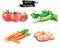 Hand-drawn watercolor food illustrations. Isolated drawings of the fresh vegetables - red tomatoes, cucumbers, carrot and potatoes
