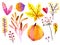 Hand drawn watercolor forest leaves and berries. Isolated icons. Autumn abstract botanical branches. Guelder, pumpkin