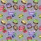 Hand drawn watercolor french macaron cakes seamless pattern. Chocolate, Vanilla, fruit Pastry dessert on gray background