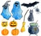 Hand drawn watercolor halloween set. Ghost, carved pumpkin, poison pot, broom, black cat, bat, spider, witch hat clip art isolated