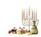 Hand drawn watercolor Hanukkah banner design with menorah with candles, dreidel, traditional donuts, sufganiyot, coins for web