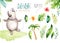 Hand drawn watercolor hippopotamus animals. Boho nursery yoga practice hippo illustrations, jungle tree, brazil trendy