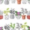 Hand drawn watercolor house plants in the pots.