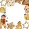 Hand drawn watercolor illustration. Baked homemade shortbread cookies, gingerbread man, tree, bauble, robin bird, star
