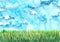 Hand drawn watercolor illustration, blue sky with green grasses, natural landscape background