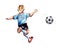 Hand-drawn watercolor illustration.Children's sport.Children play soccer.A boy soccer player in a blue uniform with a number