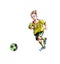 Hand-drawn watercolor illustration.Children's sport.Children play soccer.Boy soccer player in green uniform with the number