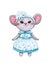 Hand drawn watercolor illustration clipart of cute little mouse girl in festive dress and hairband with snowflake isolated on