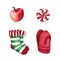 Hand drawn watercolor illustration clop art set of red apple, hard candy and pair of striped socks with knitted mittens isolated