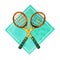 Hand drawn watercolor illustration of crossed badminton rackets in green rectangular frame