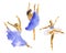 Hand-drawn watercolor illustration: dancing ballerinas in blue