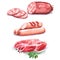 Hand-drawn watercolor illustration of different meat products