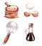 Hand-drawn watercolor illustration of different products: fresh eggs, flour, balsamic vinegar and pizza cutter