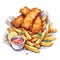 Hand drawn watercolor illustration of fried fish with french fries and salad