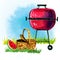 Hand drawn watercolor illustration with grill, basket and watermelon. Picnic, summer eating out and barbecue