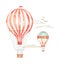 Hand drawn watercolor illustration - hot air balloon in the sky. Background with retro airship, clouds and birds. Perfect for baby