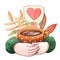 Hand drawn watercolor illustration of human hands in sweater holding ceramic mug with coffee, autumn leaves and heart doodle