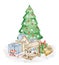 Hand drawn watercolor illustration of old-fashioned toys, Christmas Tree and gift boxes