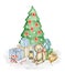 Hand drawn watercolor illustration of old-fashioned toys, Christmas Tree and gift boxes. Teddy Bear and Bunny toy