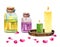 Hand drawn watercolor illustration with petals, candles and bottles of oils in spa wellness salon