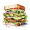 Hand drawn watercolor illustration of a sandwich with avocado, cucumber, tomato, onion, lettuce and cheese
