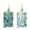 Hand drawn watercolor illustration sea witch altar objects. Burning pillar wax votive candles with flame, blue green